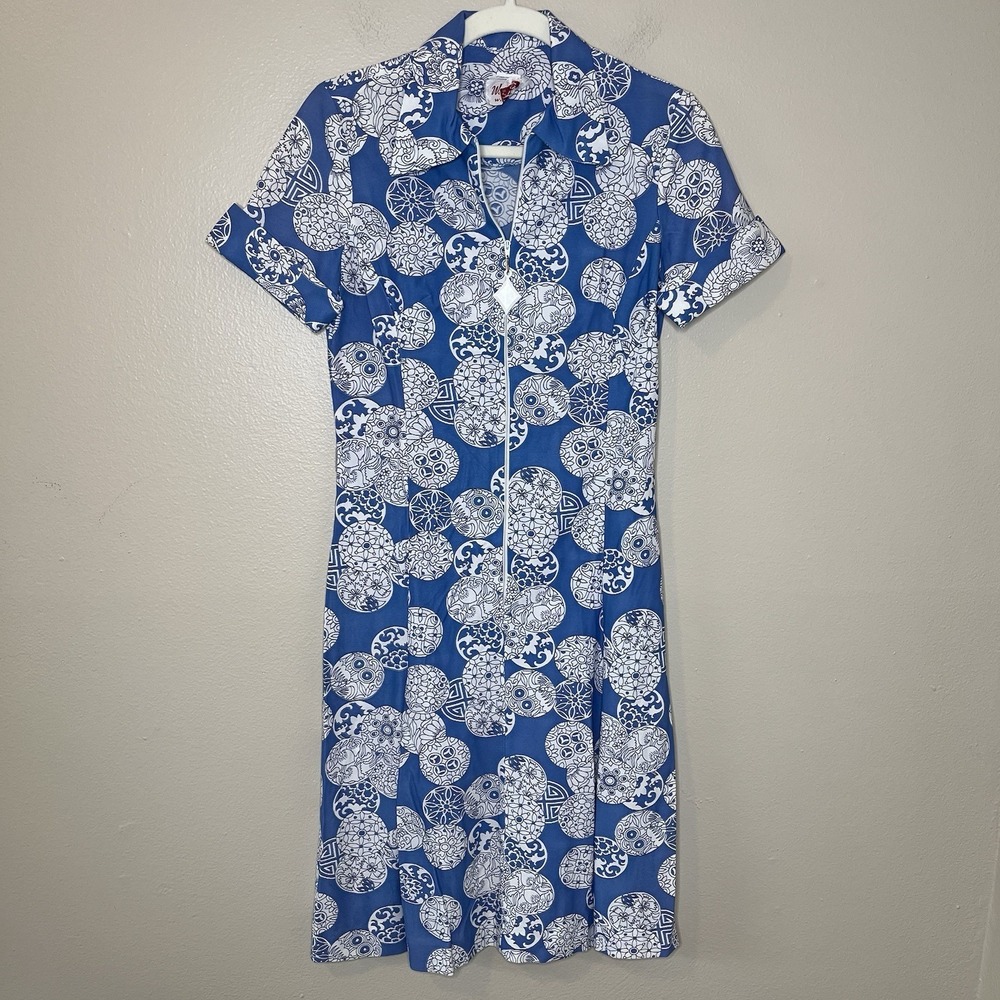 Women's Vintage Dress 50s 60s Pin Up Rockabilly House Wife Blue Floral Classic S